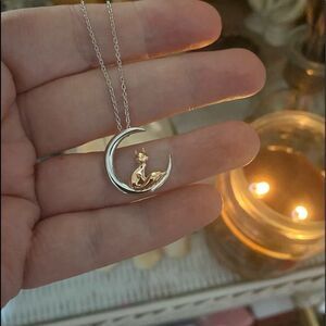 Fox and Crescent Moon Sterling Silver and Rose Gold Necklace